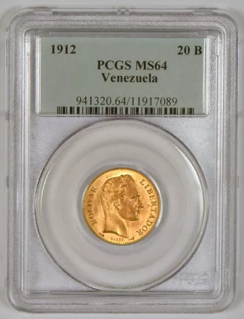 1912 Venezuela 20 Bolivares Gold Coin with Bolivar Graded MS64 by PCGS