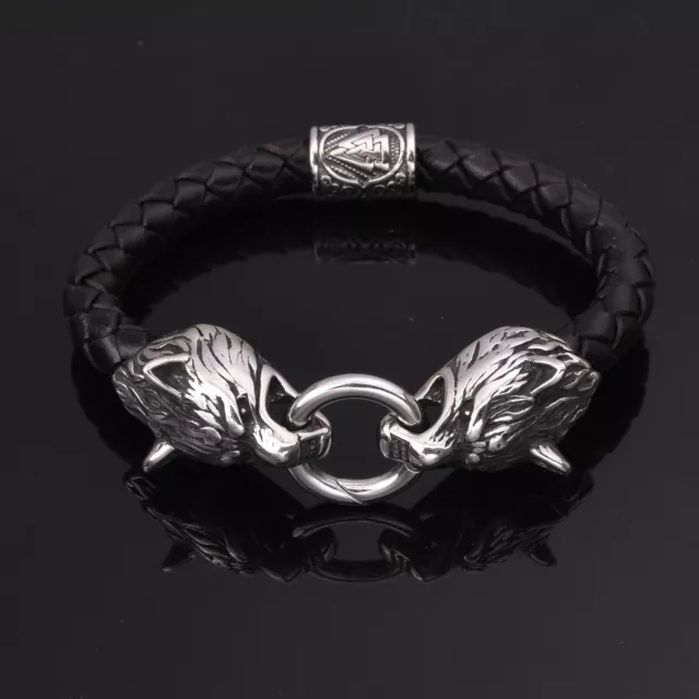 Men's Norse Viking Stainless Steel Wolf Bracelet Real Leather Cuff Bangle Amulet