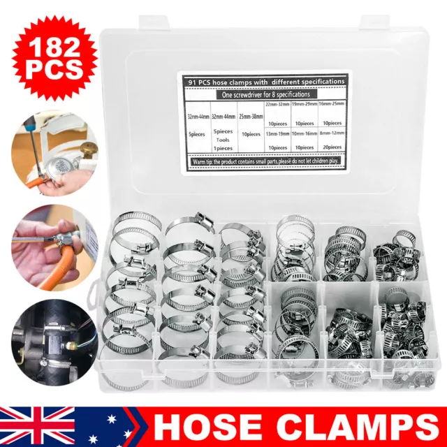 182X Stainless Steel Hose Clamps Clips Kit Adjustable Range Worm Gear Pipe Clamp