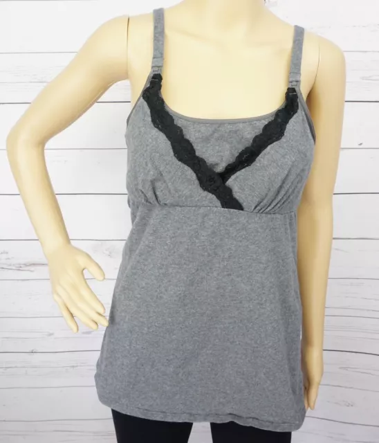 Gilligan & O'Malley Nursing Tank Top Medium M Gray Black Spaghetti Strap Clip