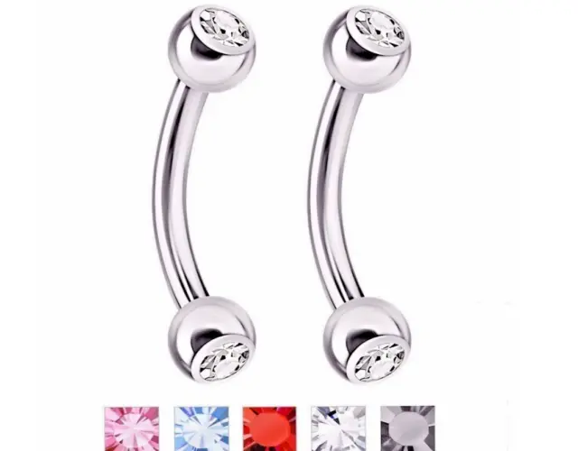 Thin 18G 1/4" DOUBLE GEM CURVED STEEL BARBELL TRAGUS Stud EYEBROW Ring EARRINGS