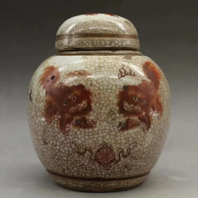 Vintage Chinese Porcelain Two Lion Tea Caddy Pot Jar