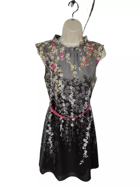 Womens Oasis Size Uk 10 Grey Floral Frill Neck Belt Fit Flare Knee Length Dress