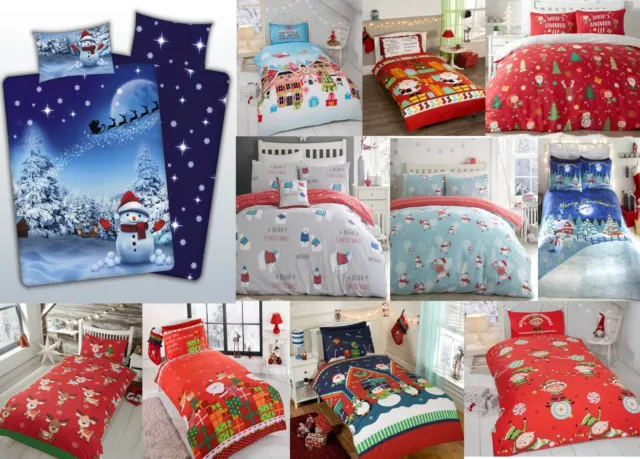 Christmas Bedding Festive Duvet Quilt Cover Santa Snowman Reindeers Elf Bears