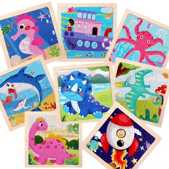 9 Pieces Montessori Wooden Kid Toy 3D Education Materials Cartoon Puzzles Learn
