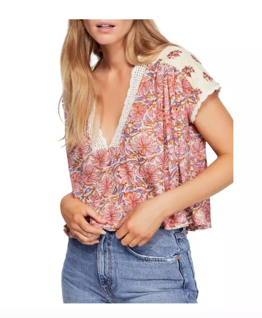 Free People Ivory Leilani Floral Printed Top - L