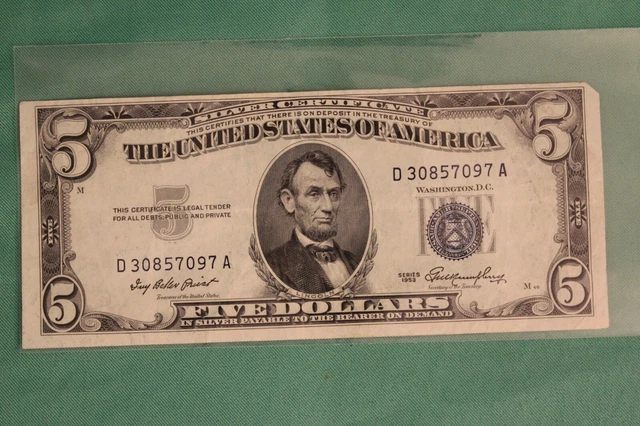 1953 Five Dollar Silver Certificate $5 Bill Blue Seal Note Circulated