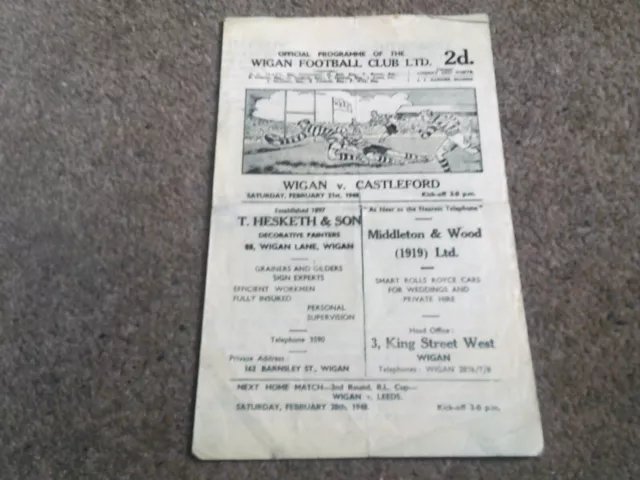 Vintage Rugby League Programme Wigan V Castleford 21St February 1948