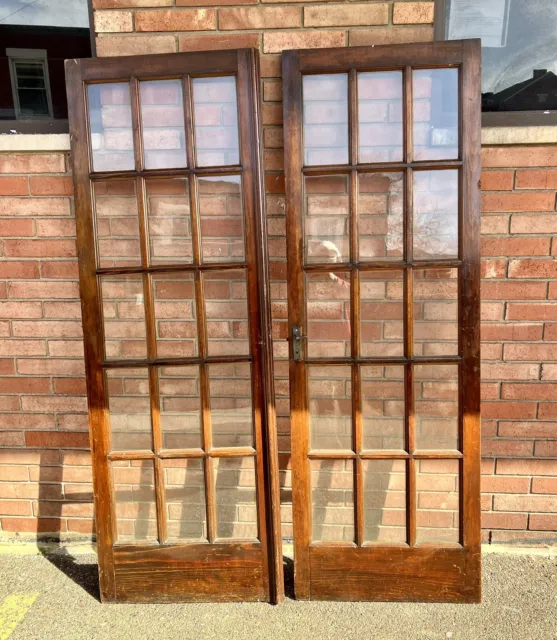 Antique Set 15 Pane Double French Pine Doors Fits 79.25” X 54.25” Opening