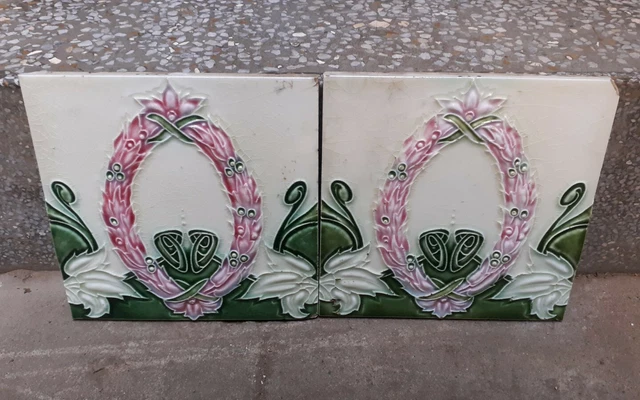 2 Pcs Set Rare Flowers Ceramic Tile  Porcelain Vintage Art Made In Japan