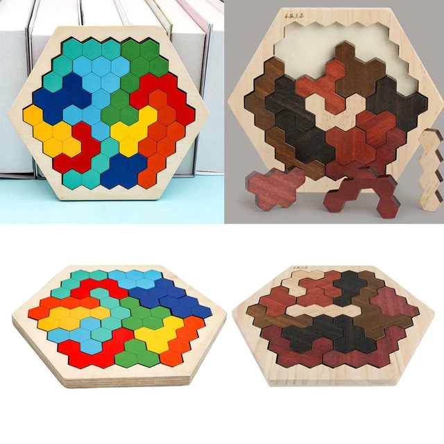 WOODEN HEXAGON TANGRAM Puzzle Classic Chinese Brain Teasers Board Toys ...