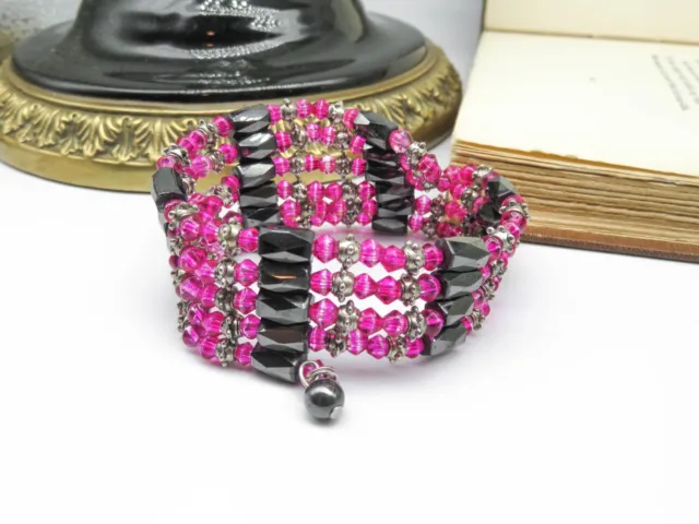 Magnetic Hematite Pink Crystal Silver Tone Wrap Bracelet Or Necklace J14