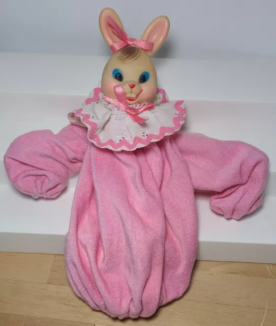 Vintage Plastic Head & Cloth Body Bunny Rabbit Easter Hand Puppet Handmade  (B9)