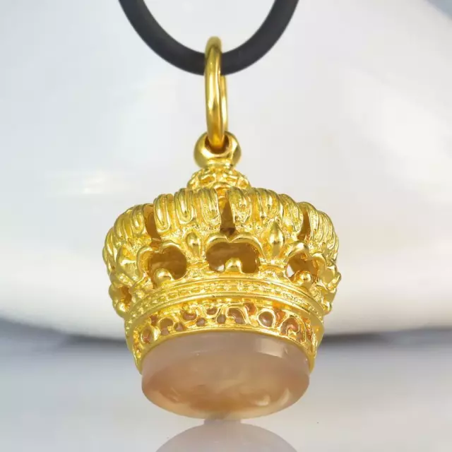 Pendant Gold Vermeil Sterling Silver Chalcedony Fob Seal Stamp Crown 10.90 g