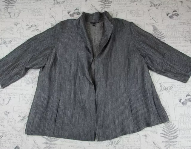 Eileen Fisher gray silver Textured Open Front Silk Jacket  pockets lined plus 1X