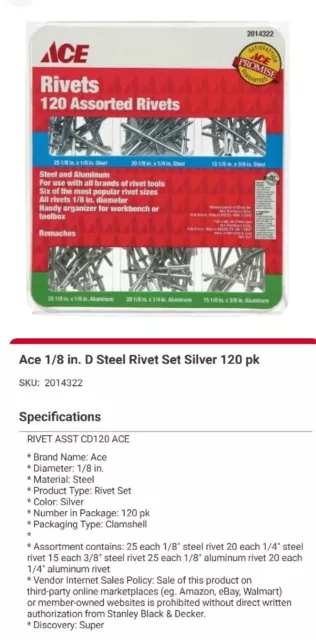 1/8 in. Dia. x 1/8 in. Aluminum, Steel Assorted Rivets 120 pack