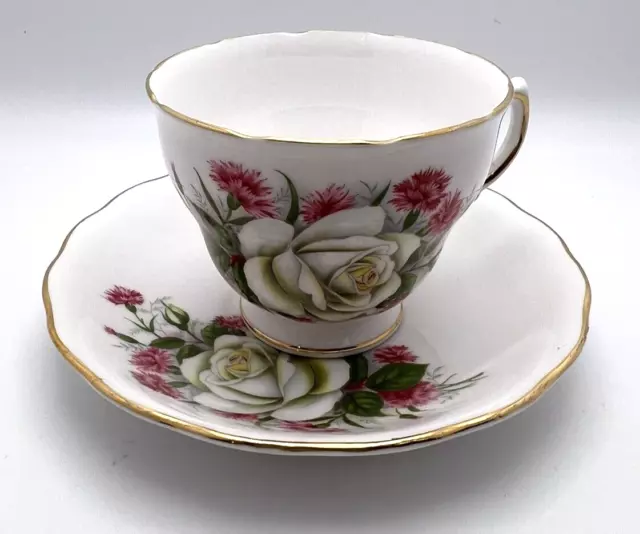 Royal Vale Floral Bone China Tea Cup & Saucer England Gold Trim White Rose Pink