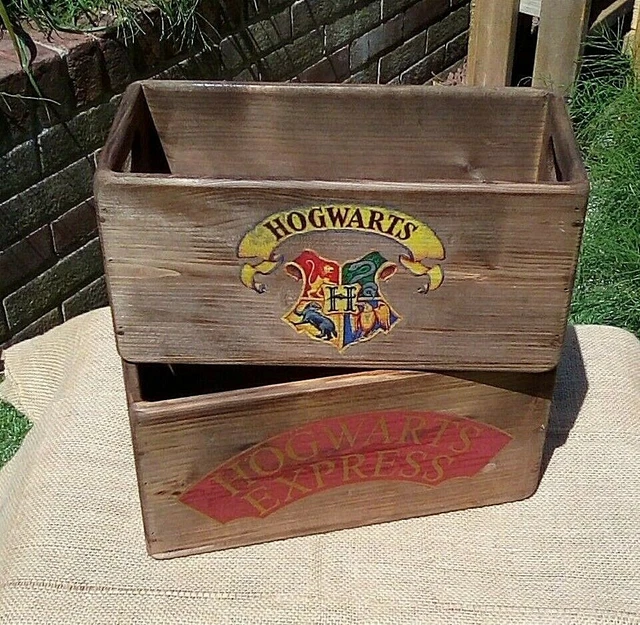 HARRY POTTER STYLE rustic wooden storage box Hogwarts badge & Hogwarts Express £12.95