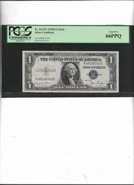 Wide  Silver Certificate  Fr. 1613W  1935D  Block R-E  $1  Gem New 66Ppq