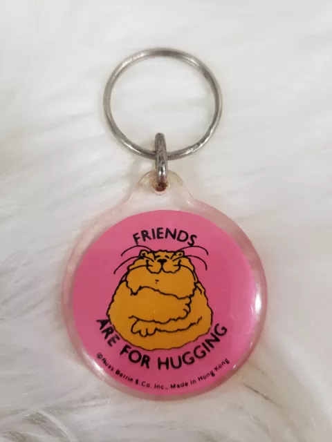 Vintage 80s Russ Berrie Cat Friends Are For Hugging Pink Keychain kitschy school