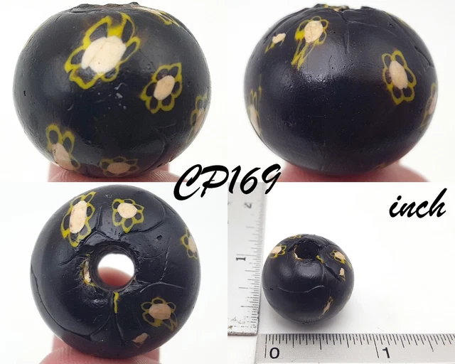 Vintage Ethnic Tribal White EYE Millefior Black Glass Decorated Bead #CP169a