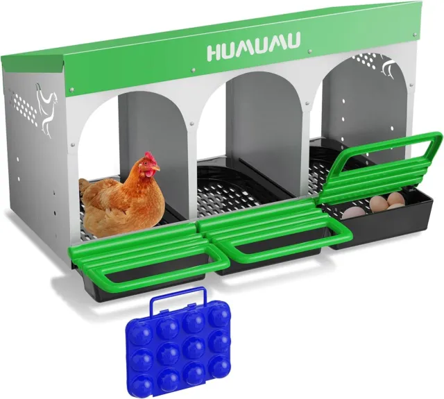 Homestead Essentials 3 Compartment Roll Out Nesting Box for Chickens |  Heavy Duty Chicken Coop Nesting Box with Lid Cover to Protect Eggs (with  Perch)