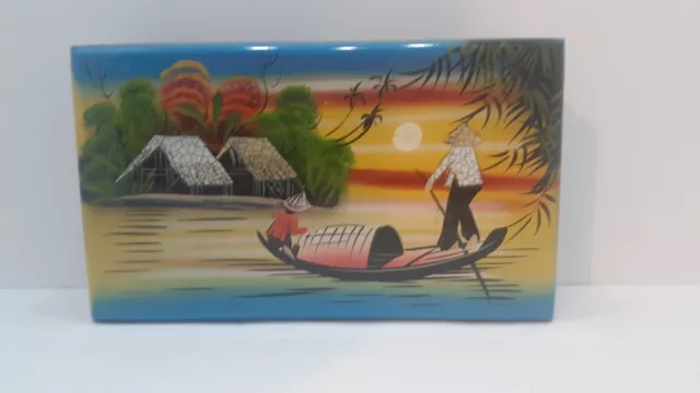 Vintage Oriental  Hand Painted,Black Lacquer Trinket or Jewelry Box.