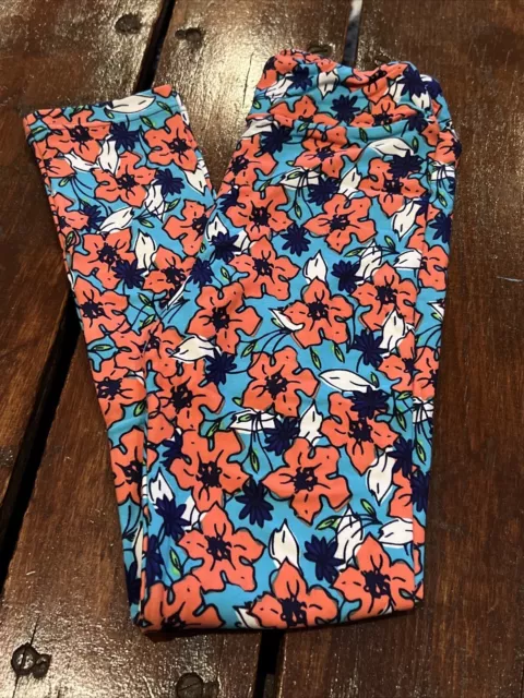 Lularoe A Kids leggings size L/XL New Flowers Blue Orange White Large XLarge