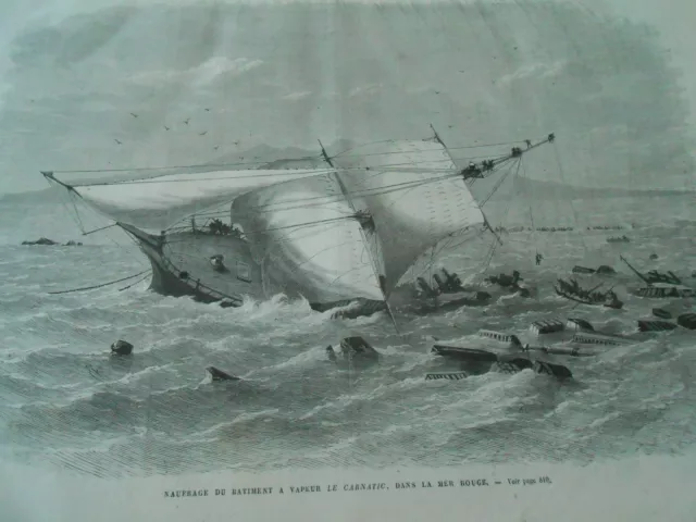 Gravure 1869 - Naufrage du batiment à Vapeur Le Carnatic dans la mer rouge