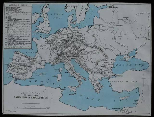 ANTIQUE Magic Lantern Slide CAMPAIGNS OF NAPOLEON MAP C1890 VICTORIAN DRAWING