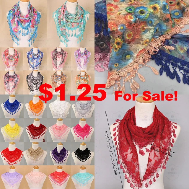 Women's Lace Floral Print Triangle Veil Church Mantilla Scarf Shawl Wrap Tassel