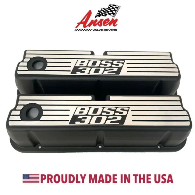 Boss 302 Windsor Black Valve Covers - NEW Wide Fin Style! Exclusive by Ansen USA