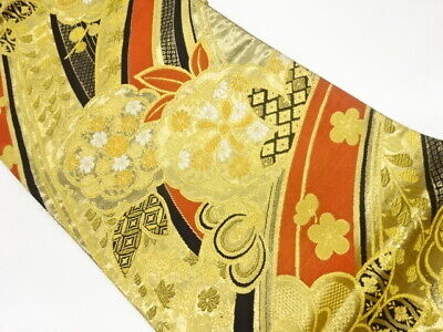 6290817: Japanese Kimono / Vintage Fukuro Obi / Woven Flowers & Shippo Pattern