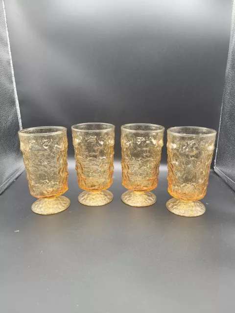 Vintage Anchor Hocking Amber Lido Milano Crinkle Water Glasses Footed Set Of 4