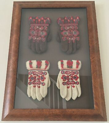 2 PAIRS of HIS & HERS NORWAY marriage pattern? GLOVES in WOOD FRAME