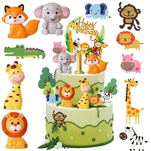 ZephyrHome - Décoration Gâteau Animaux Forêt 11 Pièces - Thème Jungle Safari - 1er Anniversaire