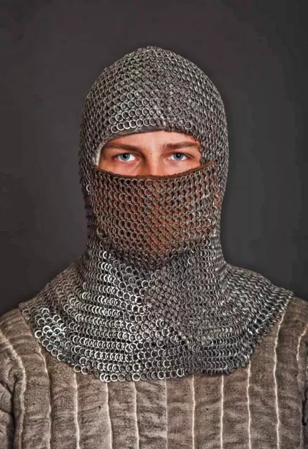 Riveted Flat Washer Chainmail Coif Leather Stitched Ventail Chain Mail Hood