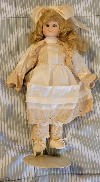 Vintage Porcelain Doll Blonde Curly Hair White Dress