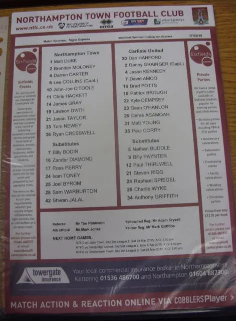 17/03/2015 Colour Teamsheet: Northampton Town v Carlisle United.  We are pleased