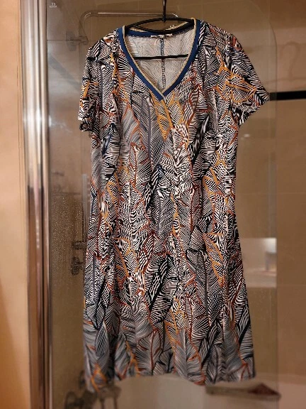 Robe Femme Imprimée Bleu Et Or - Col V Galonné - Taille 42 - Grain De Malice - Occasion