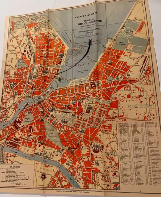 Vintage Geneva Switzerland Map Cemetery of Kings Arve Rhone River 12" by 15"