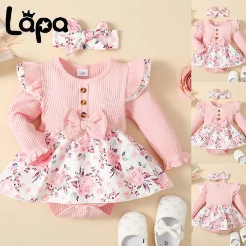 2PCS Infant Baby Girl Floral Ribbed Jumpsuit Dress Heandband Outfits Clothes Set
