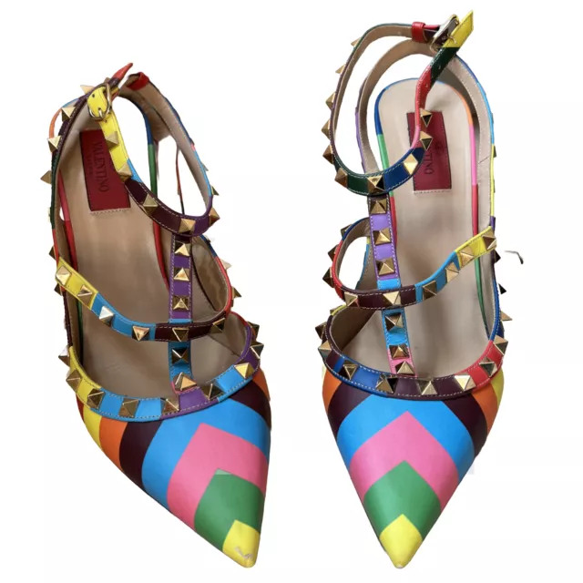 Valentino Garavani 1973 Rockstud Chevron Rainbow Heels Caged Stilettos Sz 40 2