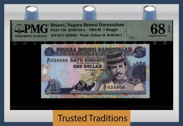 TT PK 13b 1994-95 BRUNEI NEGARA BRUNEI 1 RINGGIT PMG 68 EPQ SUPERB GEM UNC