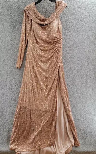 leena for Mac Duggal One-Shoulder Sequin Gown Women's 14 Copper Back Zip Closure 2