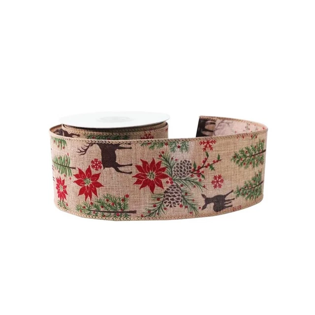 Jute Christmas Ribbon Deer, Holly, Poinsettia and Snowflake Motifs 63mm/2.5 Inch