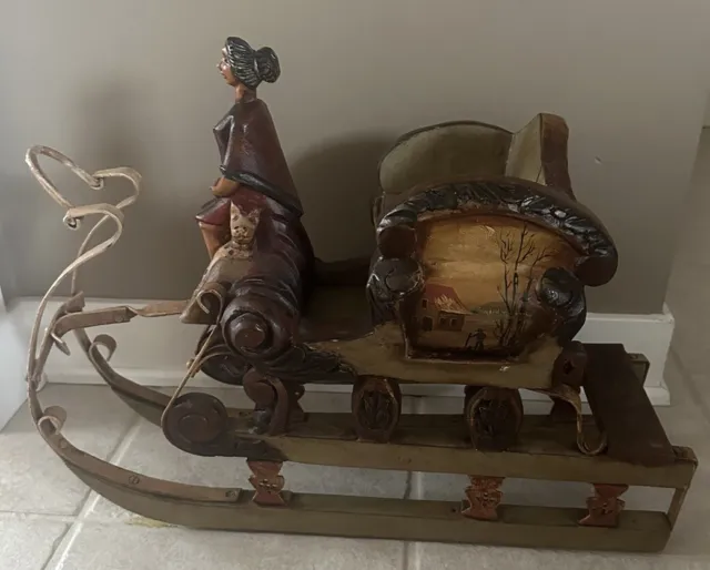 Antique 1900s Austrian German Hand Carved Painted Wood Figure Iron Sleigh Sled