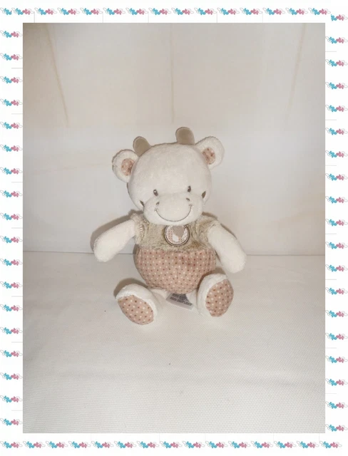 F - Doudou Peluche Vache Beige  Blanc Oiseau Poussin  Mots d'Enfants