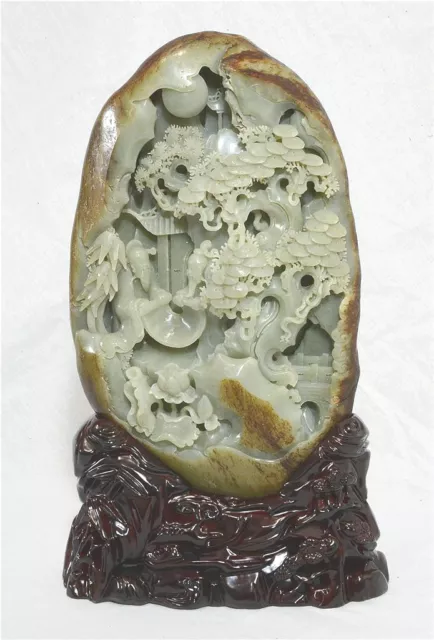 Large  Well  Hand  Carved  Chinese  He-Tian  Jade  Boulder  On  Wood  Stand 2