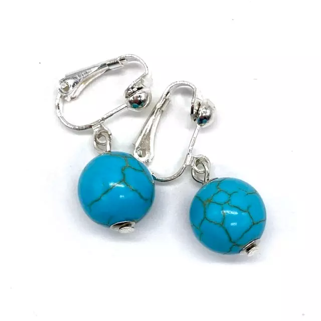 Clip On Earrings 12 mm Round Turquoise Dyed Howlite Silver Plated New